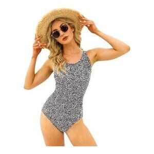 Swimsuit White Black Leopard Scoop Neck Crisscross Back Size XL NWT #4202